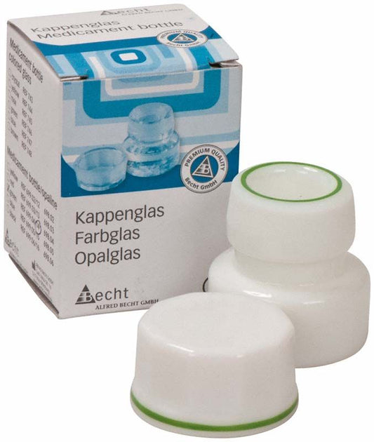 Kappenglas aus Opalglas mit grünem Ring, neben Verpackung.