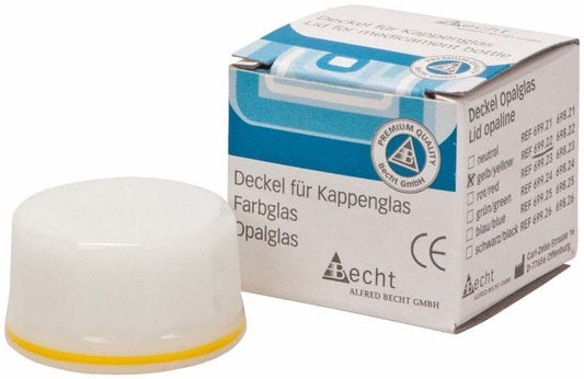 Opalglasdeckel mit gelbem Ring neben Verpackung mit Produktdetails.
