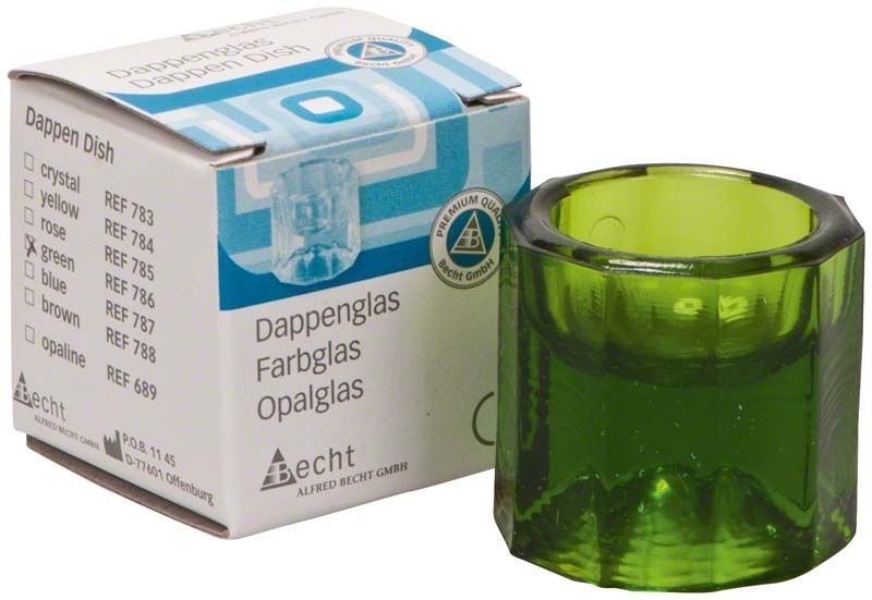 Grünes Dappenglas Buntglas mit Verpackung von Alfred Becht.