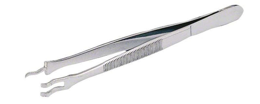 Instrumentengreifpinzette mit übereinandergreifenden Spitzen für Dentalinstrumente.