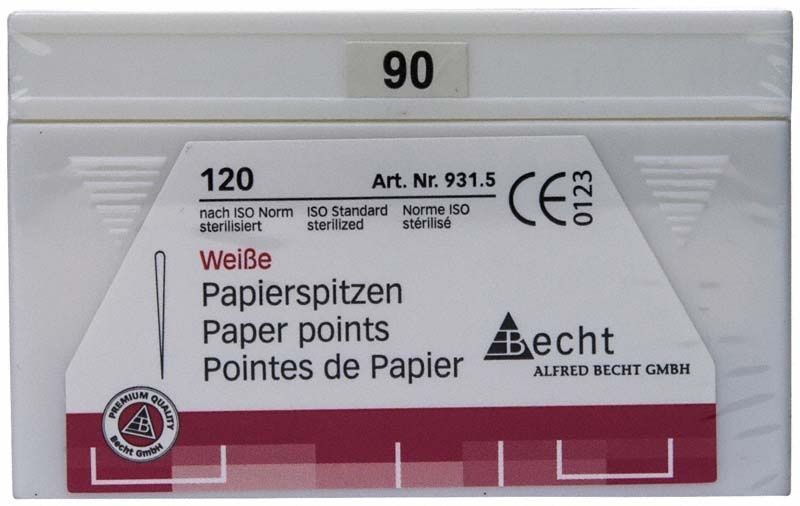Weiße Papierspitzen Gr. 90, 120er Packung mit ISO-Norm Kennzeichnung.