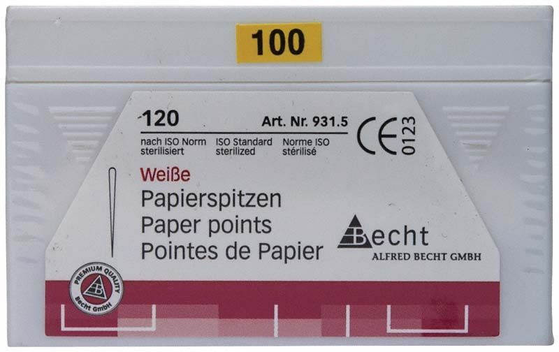 Weiße Papierspitzen Gr. 100, 120 Stück in sterilisiertem Karton.