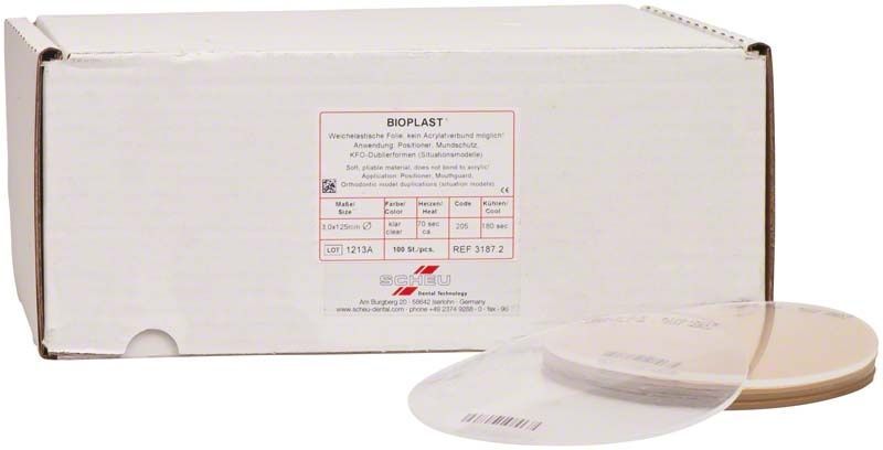 Weichelastische BIOPLAST® 100er Tiefziehfolien für dentalen Gebrauch.