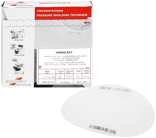 HARDCAST® 0,6mm Tiefziehfolie mit Verpackung und Produktansicht.