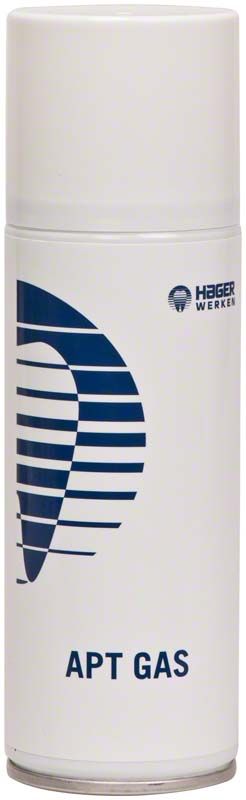 Weiße Gasflasche APT Gas mit blauem Logo und Aufschrift.