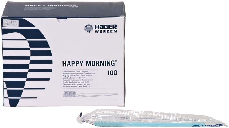 Einmalzahnbürste in transparenter Verpackung vor Hager-Werken-Box mit Produktname.