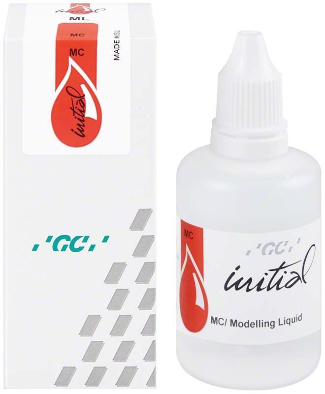 Flasche mit GC Initial MC Modelling Liquid und zugehöriger Verpackung.