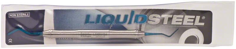 Flaches medizinisches Composite-Instrument LiquidSteel®PolyFill Plasma+® in Verpackung.