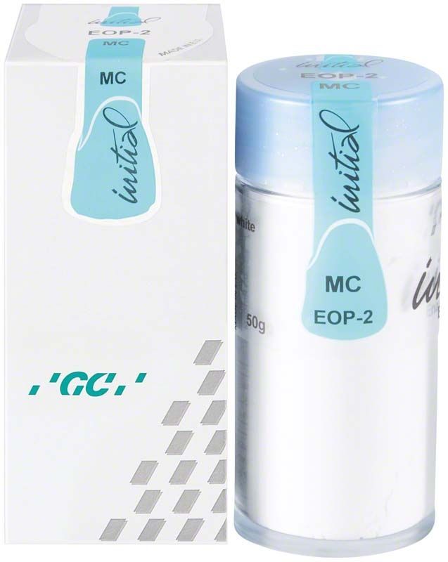 GC Initial MC Enamel Opal 50g, Verpackung und Dose mit blauem Deckel.