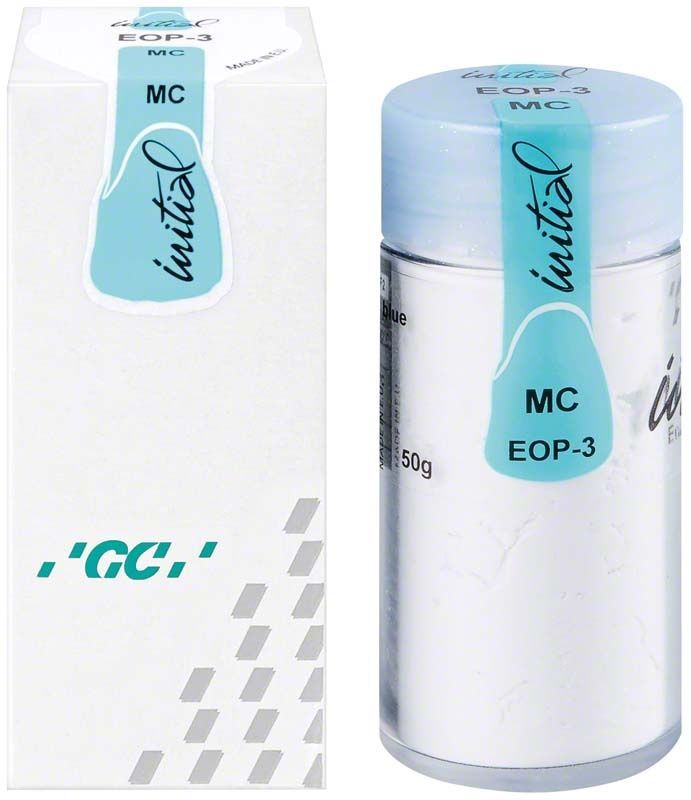 GC Initial MC Enamel Opal 50g EOP3 in weißer Verpackung mit blauem Deckel.