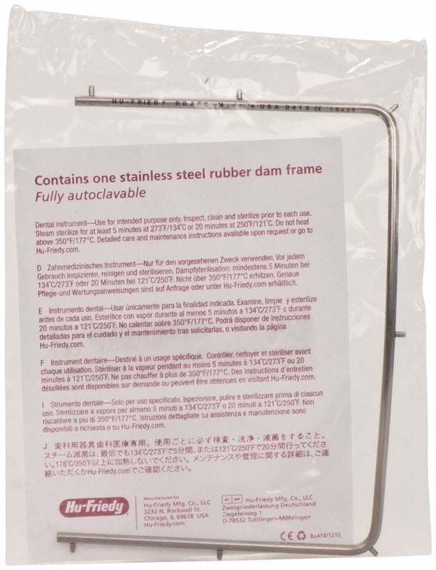 Kofferdam-Rahmen aus rostfreiem Stahl in transparenter Verpackung.