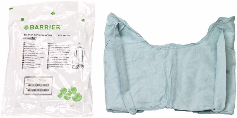 Barrier OP-Bindemantel Gr. XL aus Spunlace Material in Verpackung und entfaltet.