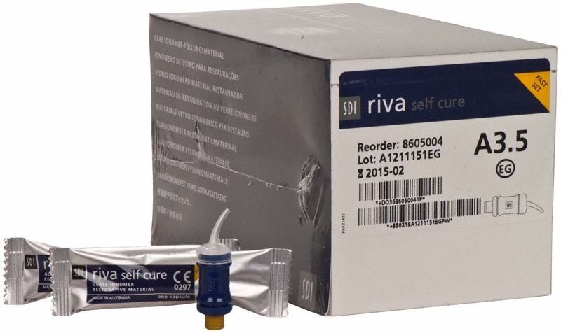 Verpackung von Riva Self Cure Kapseln Schnellhärtend A3,5 mit Einzelkapsel davor.