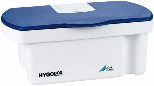 Hygobox mit blauem Deckel und weißem Siebeinsatz für Dentalinstrumente.