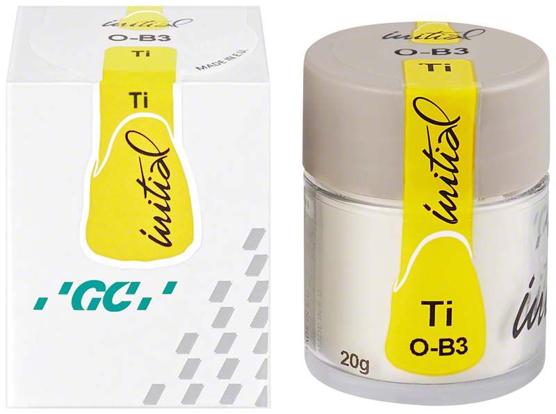GC Initial Ti Powder Opaque OB3 in weißem Behälter mit gelbem Etikett.