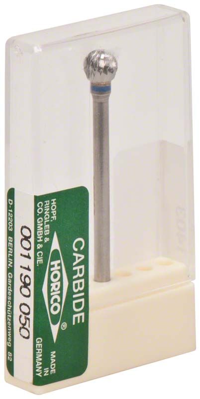 Hartmetallfräser 001 190 050 in Kunststoffverpackung mit Kugelform und blauem Ring.