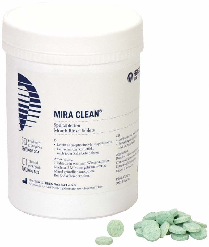 Mira Clean Mundspültabletten Mint in weißem Behälter mit grünen Tabletten.