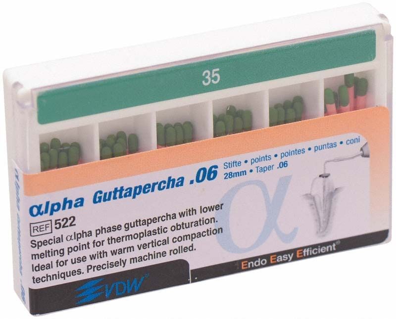 Guttaperchaspitzen Alpha Gr. 35/.06 grün in Verpackung von VDW.