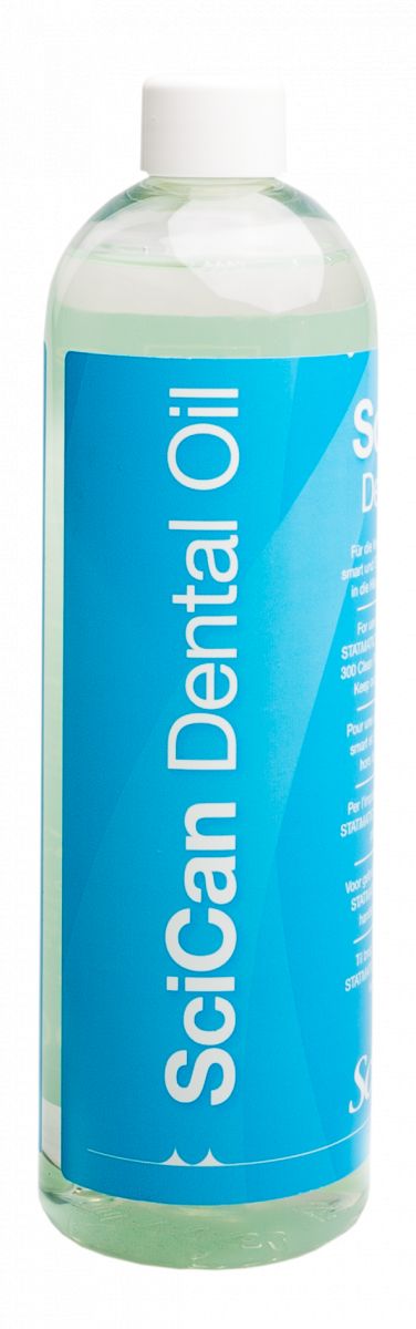 SciCan Dental Oil 500ml Flasche mit blauem Etikett.
