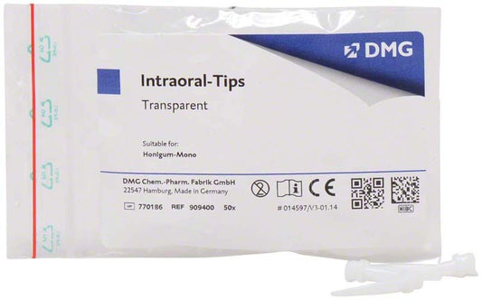 Intraoral-Tips transparent in Verpackung mit DMG-Logo und Produktinformationen.
