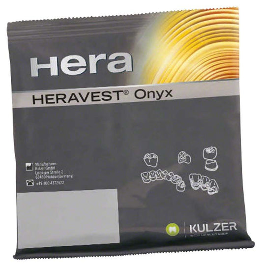 Heravest® Onyx Dental-Einbettmasse-Verpackung mit Zahntechnik-Symbolen.