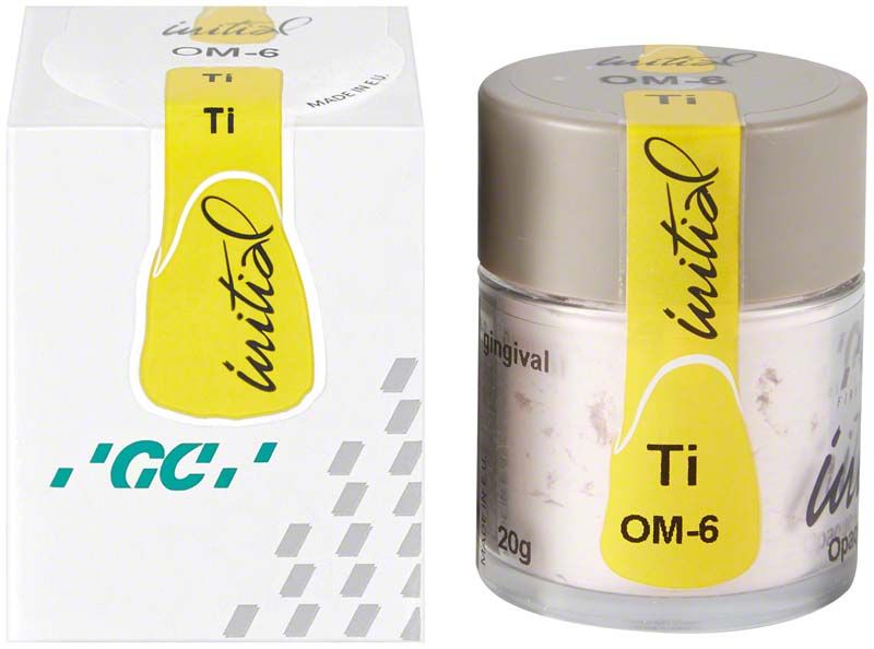 GC Initial Ti Powder Opaque Modifier OM-6 in weißer Verpackung mit gelbem Etikett.