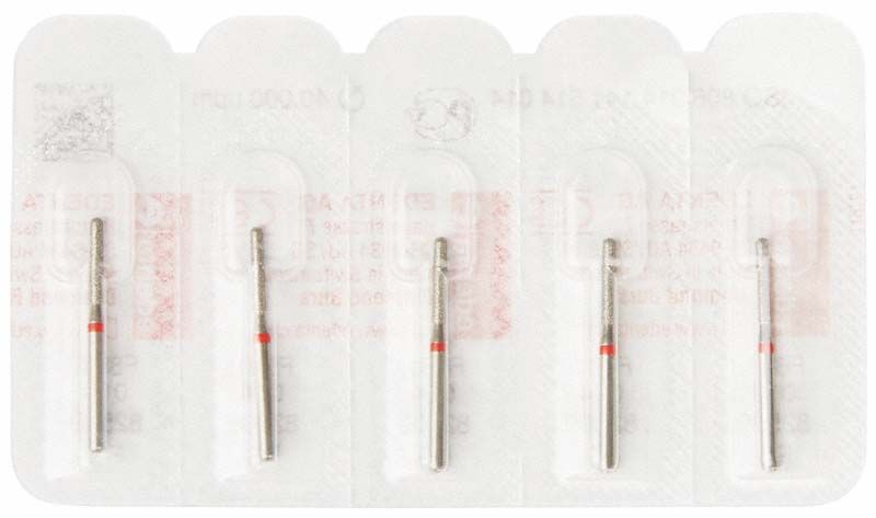 Diamantenschleifer FG 881F 014 in Blisterverpackung, roter Ring, zylindrische Form.