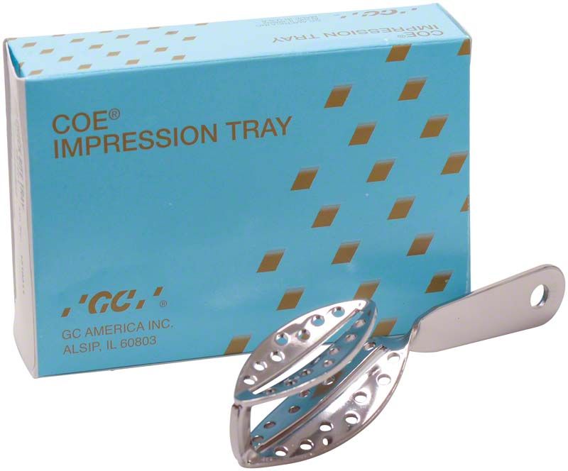 Hochwertiger COE® Metall-Abformlöffel vor Verpackung, einseitig beschichtet.
