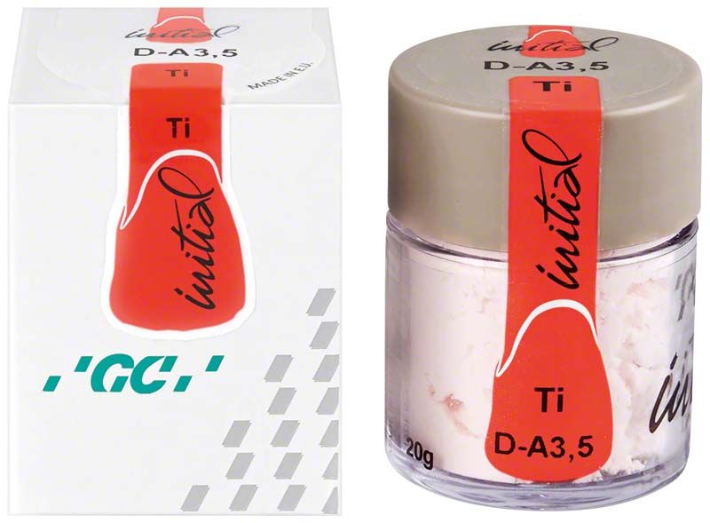 GC Initial Ti Dentin DA3,5 in transparentem Behälter mit grauem Deckel.