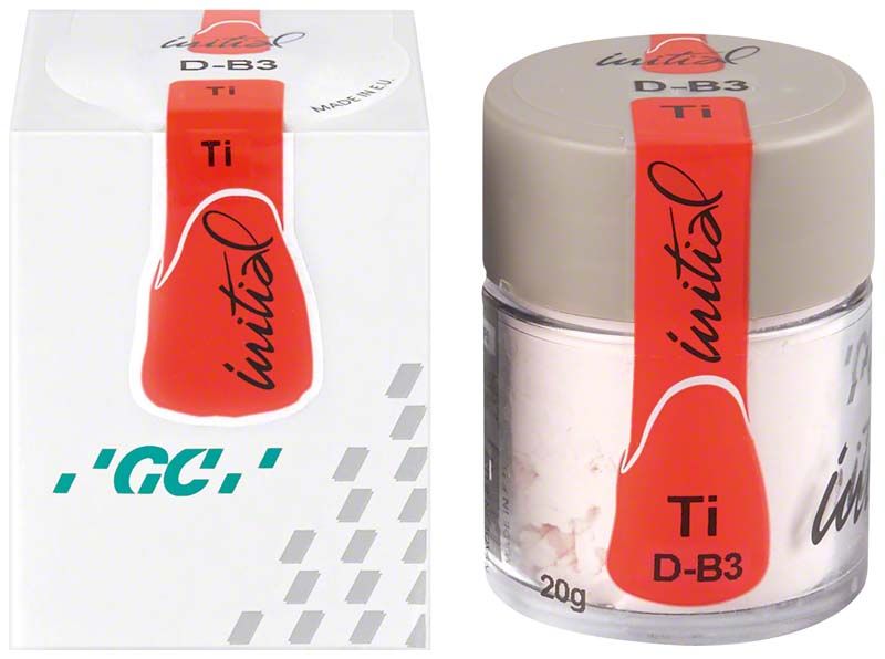 GC Initial Ti Dentin DB3 Zahntechnikerkeramik in Kunststoffbehälter und Verpackung.