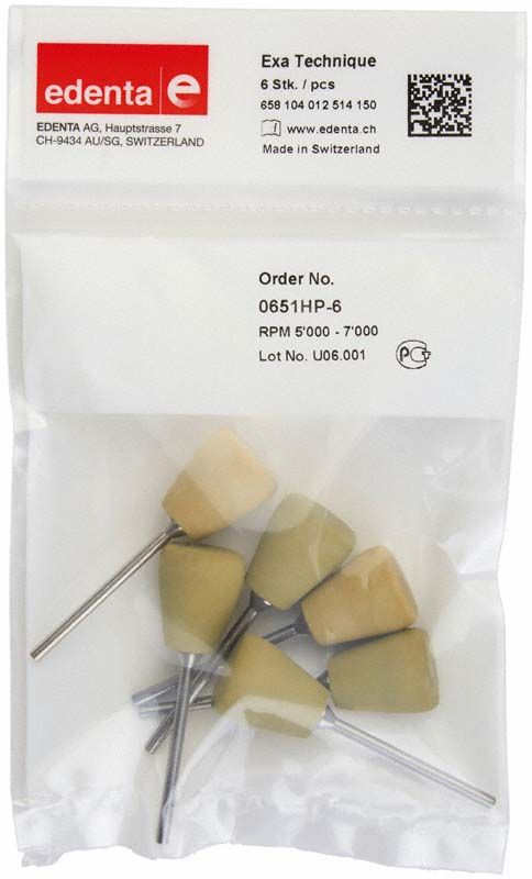 Sechs gelbe Exa Technique Kegel mit umgekehrter Form in Kunststoffverpackung.