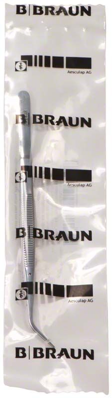 Zahnpinzette aus Edelstahl mit geriefter Greiffläche in Verpackung.