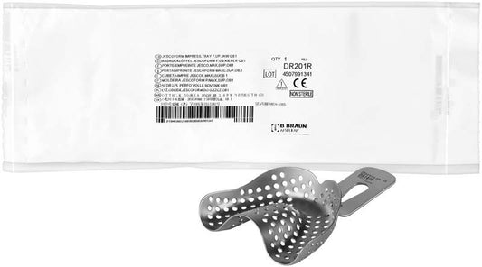 JESCO-Form Abdrucklöffel OK bezahnt OB 1 mit Verpackung im Hintergrund.