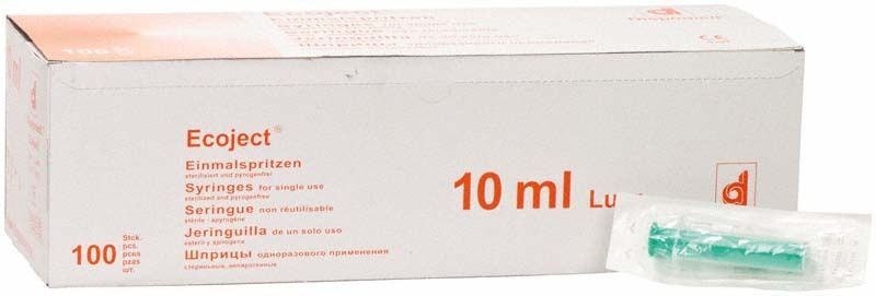 Ecoject Einmalspritzen 10ml, sterile Verpackung mit grüner Spritze.