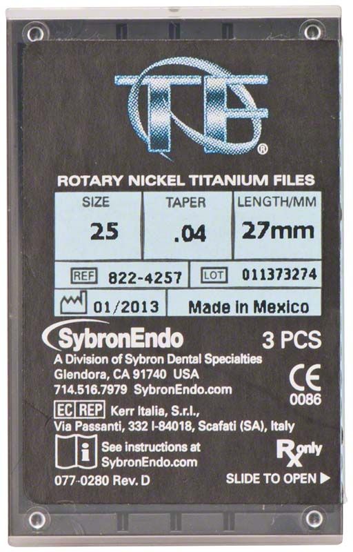 SybronEndo TF® Twisted Feilen Verpackung mit Größe 25/.04 und Länge 27mm.