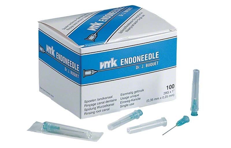 Endoneedle 28G Einmalkanülen für Endodontie-Spülung, Verpackungs- und Produktansicht.