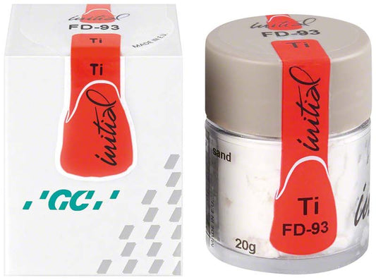 GC Initial Ti Fluo-Dentin FD-93 in durchsichtiger Dose mit rotem Verschluss.