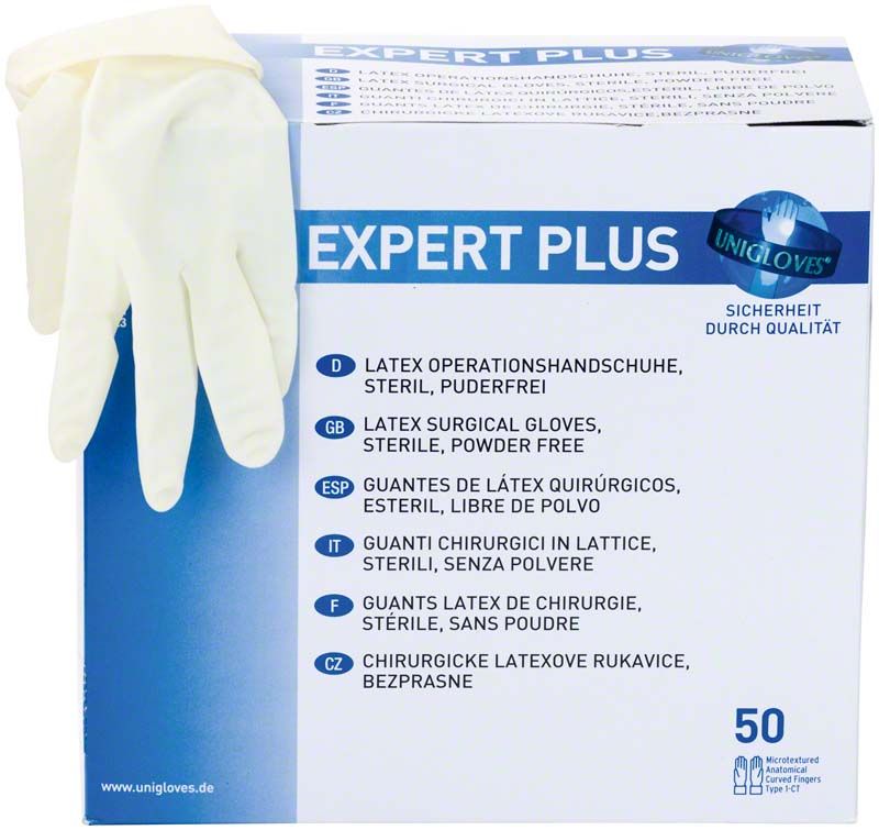 Latex OP-Handschuhe Gr. 7 auf Verpackung mit Produktinformationen.