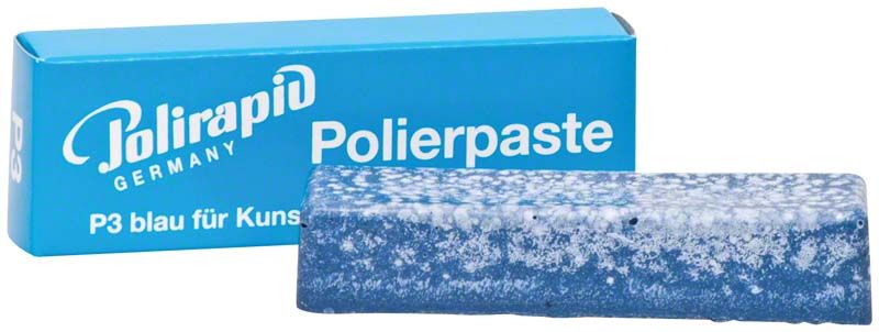 Polierpaste P3 blau für Kunststoffe mit Verpackung im Hintergrund.
