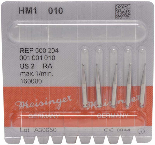 Hartmetallbohrer HM1 010 RA in transparenter Verpackung mit fünf Bohrern.