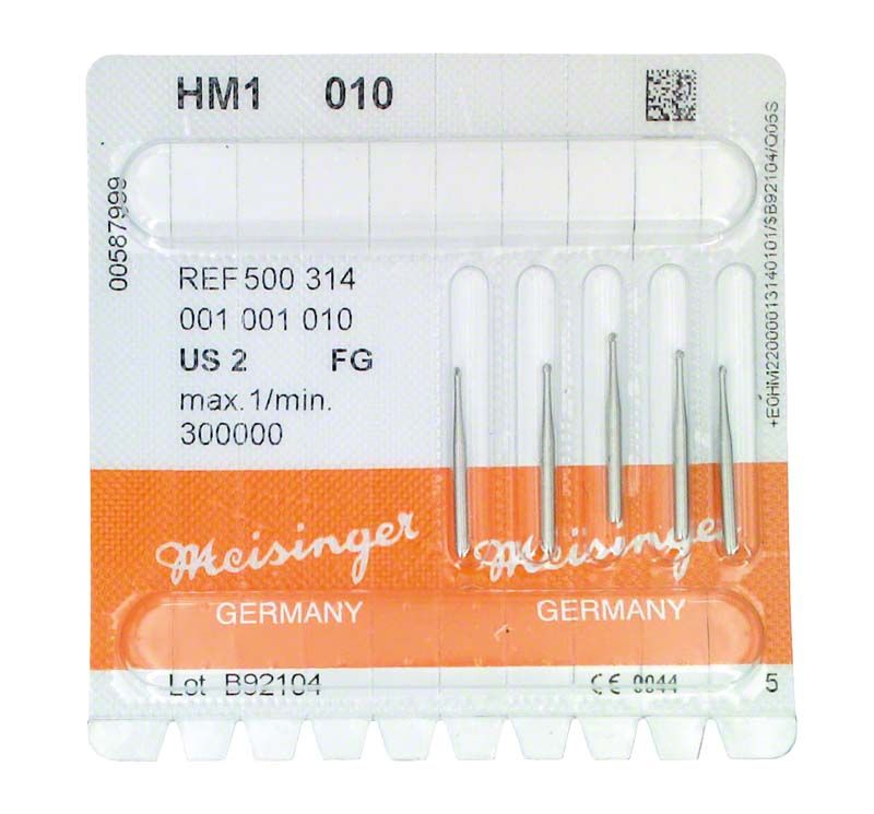 Hartmetallbohrer HM1 010 FG in Blisterverpackung mit fünf Bohrern.