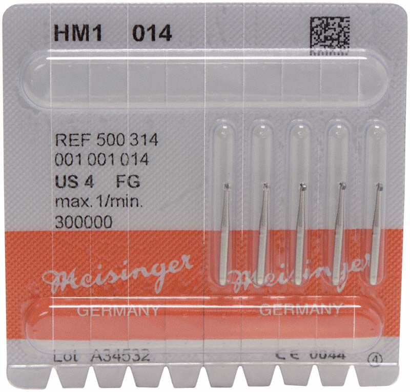 Hartmetallbohrer HM1 014 FG in Blisterverpackung mit fünf Bohrern.