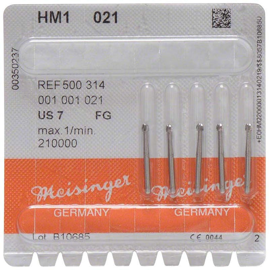 Hartmetallbohrer HM1 021 FG in Blisterverpackung mit fünf Bohrern.