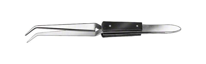 Gebogene Lötpinzette aus Metall mit schwarzem Griff.