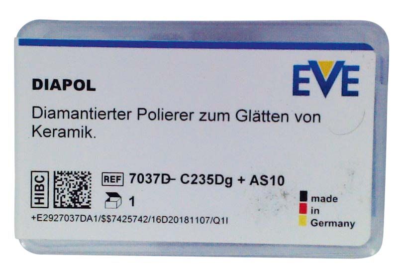 Diamantierter Keramikpolierer EVE DIAPOL® in Verpackung mit Produktdetails.