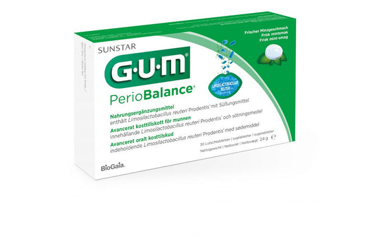 GUM PerioBalance Nahrungsergänzungsmittel-Packung für orale Gesundheit.