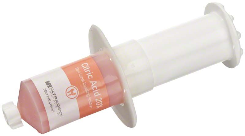 Citric Acid 20% in weißer Spritze mit orangem Etikett von Ultradent Products