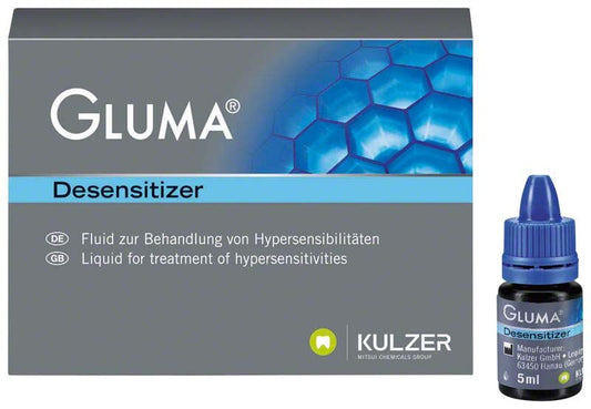 Gluma Desensitizer Flasche und Verpackung mit Produktinformationen.