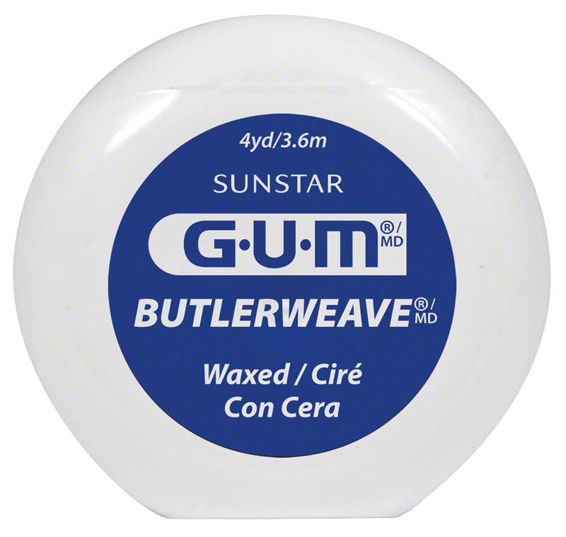 GUM® BUTLERWEAVE® Zahnseide im weißen Spender mit blauem Etikett.