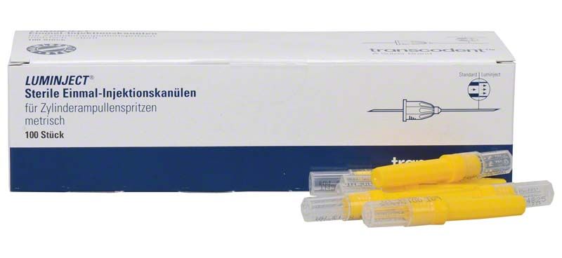 Sterile Luminject 30G Injektionskanülen in Originalverpackung mit gelben Schutzkappen.